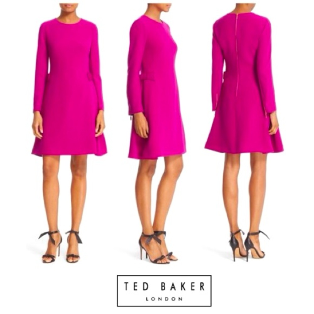 TED BAKER Side Bow Fuchsia Hot Pink Purple Long Sleeve Dress
